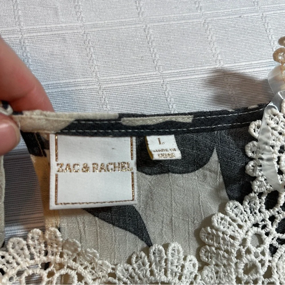 Zac & Rachel Boho Cottagecore Black and Cream Floral Blouse Crochet Details L - Picture 6 of 9